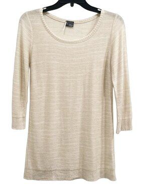 Cream Metallic Gold Thread Scoop Neck Sweater 3/4 Sleeve Sparkle & Fade Size M